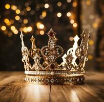 AI generated a crown, or a king's crown, sits on a table with diamond sparkles, photo