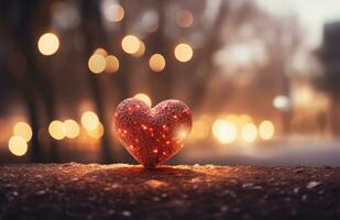 AI generated two heart shaped hearts under a sparkling light reflected from the ground, photo