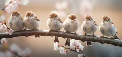 ai generado un grupo de aves son sentado en un rama en el jardín, foto