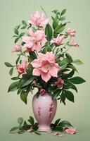 AI generated pink flowers with deep green leaves in a tall vase, photo