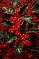 AI generated red background with holly leaves and berries photo