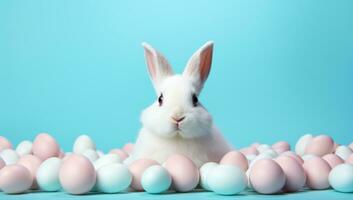 AI generated a white rabbit is among eggs on a bright blue background, photo