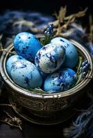 AI generated easter blue eggs in an empty nest on dark wood, photo