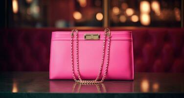 AI generated pink purse with chain and clasp on the table, photo