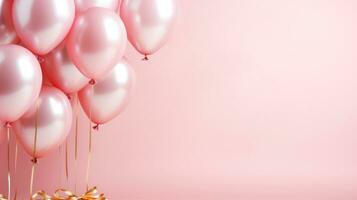 AI generated minimalist wallpaper, balloons, large copyspace area, pastel pink background, offcenter composition photo