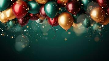 AI generated A festive background featuring colorful balloons in shades of red, green, and gold photo