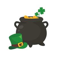 The green pot is full of gold coins. with good luck clover on st patrick festival vector