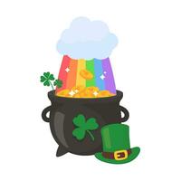 A cloud that shoots a rainbow on a pot full of gold coins with the clover symbol of good luck on st patrick's festival vector