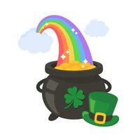 A cloud that shoots a rainbow on a pot full of gold coins with the clover symbol of good luck on st patrick's festival vector