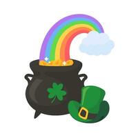 A cloud that shoots a rainbow on a pot full of gold coins with the clover symbol of good luck on st patrick's festival vector