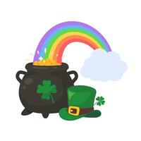 A cloud that shoots a rainbow on a pot full of gold coins with the clover symbol of good luck on st patrick's festival vector