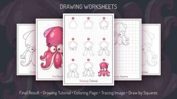 How to Draw a Squid. Step by Step Drawing Tutorial. Draw Guide. Simple Instruction. Coloring Page. Worksheets for Kids and Adults. Vector eps 10.