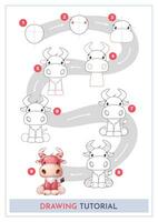 How to Draw a Bull. Step by Step Drawing Tutorial. Draw Guide. Simple Instruction for Kids and Adults vector