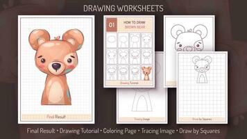 How to Draw a Brown Bear. Step by Step Drawing Tutorial. Draw Guide. Simple Instruction. Coloring Page. Worksheets for Kids and Adults. vector