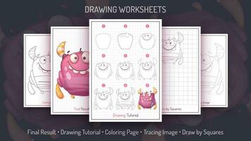 How to Draw a Monster. Step by Step Drawing Tutorial. Draw Guide. Simple Instruction. Coloring Page. Worksheets for Kids and Adalts vector