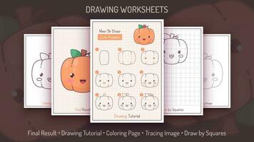 How to Draw a Pumpkin. Step by Step Drawing Tutorial. Draw Guide. Simple Instruction. Coloring Page. Worksheets for Kids and Adults vector