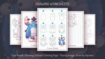 cómo a dibujar un monstruo. paso por paso dibujo tutorial. dibujar guía. sencillo instrucción. colorante página. hojas de trabajo para niños y adals vector