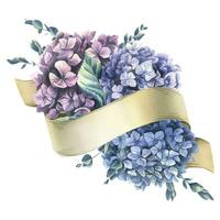 papel cinta Desplazarse con azul, rosa, púrpura hortensia eucalipto flores mano dibujado acuarela ilustración. plantilla, marco en un blanco antecedentes vector eps