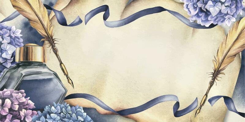 Inkwell with blue ink, gold pen, hydrangea flowers, ribbons, blots and splashes. Hand drawn watercolor illustration. Frame, horizontal template for text on a paper scroll background.