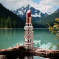 AI generated a pink and brown blush lipstick sitting on the side of lake, photo