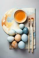 ai generado Pascua de Resurrección equipo de huevos con colores y pegatinas en mesa, foto