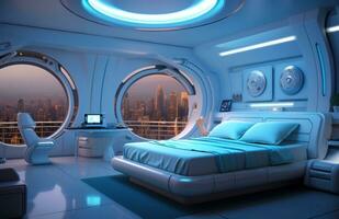 AI generated blue bedroom design, photo