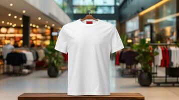 AI generated T-shirt with blank front, realistic on a mockup template in a luxury store, photo