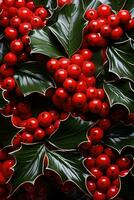 AI generated red background with holly leaves and berries photo