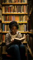 AI generated A student sitting in a library, surrounded by books and reading intently photo