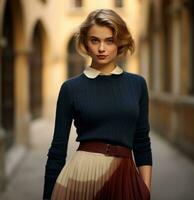ai generado un hermosa mujer es vistiendo un multicolor suéter y plisado falda, foto