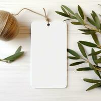 ai generado blanco blanco etiqueta con blanco frente realista en un Bosquejo modelo en un blanco de madera mesa con aceituna hoja rama foto