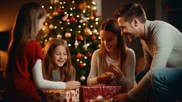 AI generated family happy at christmas with christmas tree and christmas ornaments, photo