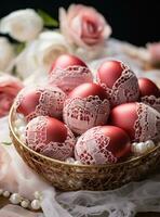 AI generated red dyed easter eggs in basket with greenery, photo
