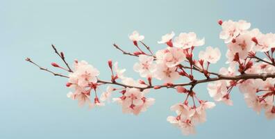 AI generated spring flowers and buds on a cherry tree against a sky blue background, photo