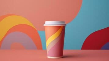 AI generated paper coffee cup with blank front, realistic on a mockup template in a colorful abstract photo