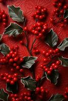 AI generated red background with holly leaves and berries photo