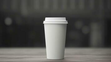 AI generated paper coffee cup with blank front, realistic on a mockup template in a luxury store, photo