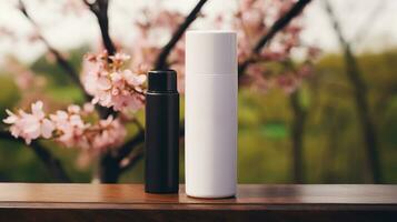 AI generated Cosmetic product with blank front, realistic on a mockup template in a wooden table in a spring garden photo