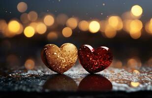 AI generated two heart shaped hearts under a sparkling light reflected from the ground, photo