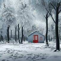 AI generated a small cabin is standing in a snowy forest, photo