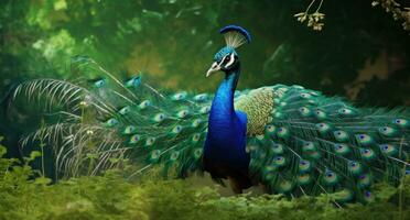 AI generated peacock with long feathers and the grasses behind it, photo