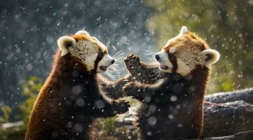 ai generado dos rojo panda cachorros luchando en el lluvia con cada otro, foto