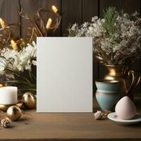 AI generated White square greeting card with blank front, realistic on a mockup template in a wooden table in a easter luxuty background in home inside, photo