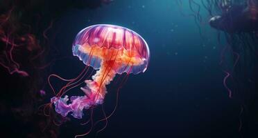 AI generated the jellyfish with its long tail floating in the ocean, photo