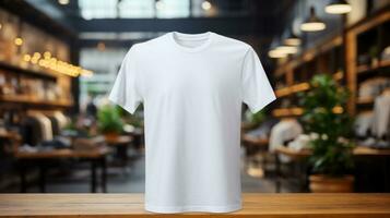 AI generated T-shirt with blank front, realistic on a mockup template in a luxury store, photo