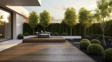 AI generated minimalist garden design with a striking wooden deck photo