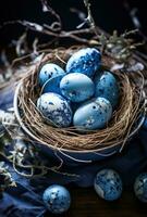 AI generated easter blue eggs in an empty nest on dark wood, photo