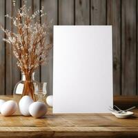 AI generated White greeting card with blank front, realistic on a mockup template in a wooden table in a easter luxuty background in home inside, photo