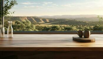 AI generated table with views to mountains of farm land in modern kitchen, photo