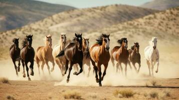 ai generado un manada de salvaje mustangs corriendo a través de un Desierto paisaje foto